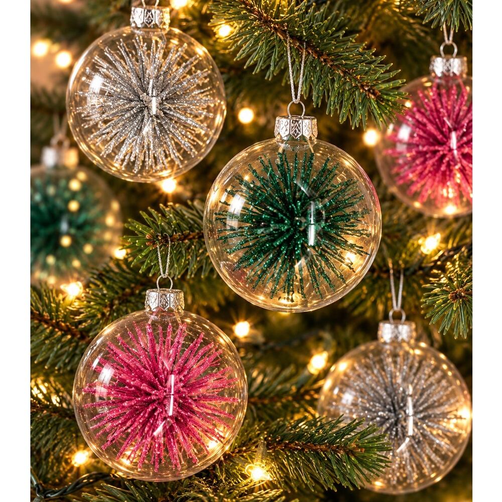 Christmas Ornaments Clear Ball Tinsel Green Silver Pink Holiday Tree Lot 28